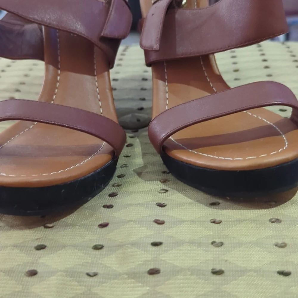 kate spade Brown Leather Striped Wedge Sandals